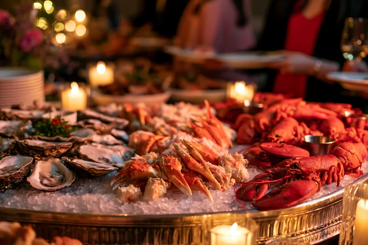 A seafood buffet features a variety of chilled seafood on ice, including crab, lobster, and oysters, arranged next to lit candles in an elegant setting.