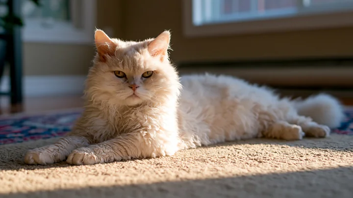 A Selkirk Rex cat lies on a soft carpet in a bright room.