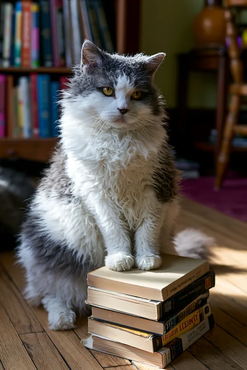 A Selkirk Rex cat rests on a stack of books in a warm setting with soft light.