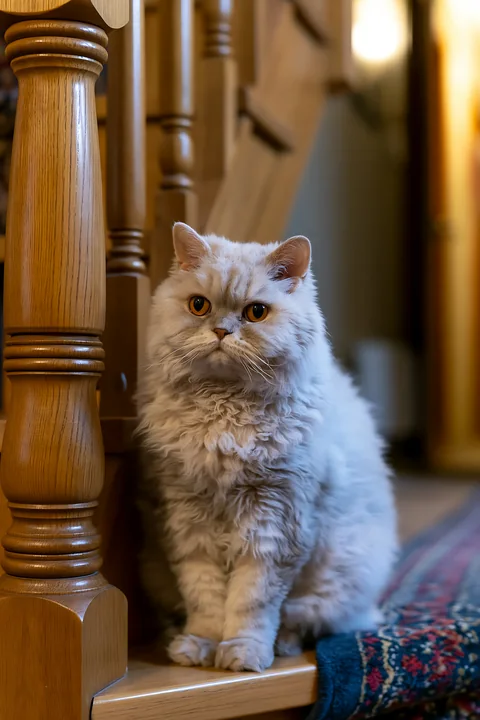 A Selkirk Rex cat sits at the bottom of a wooden staircase, displaying its unique curly fur and bright eyes.
