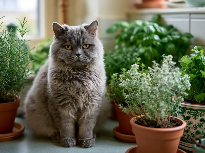 A Selkirk Rex cat sits calmly next to several potted herbs in a kitchen setting.
