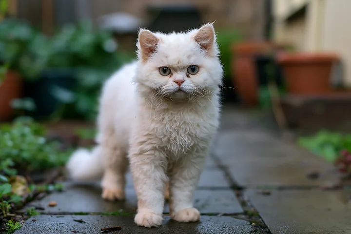 A Selkirk Rex cat stands on a stone pathway in a garden.