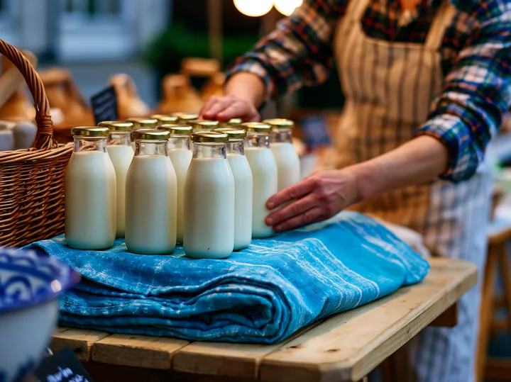 A seller arranges artisan milk bottles on a blue cloth at a bustling street market.