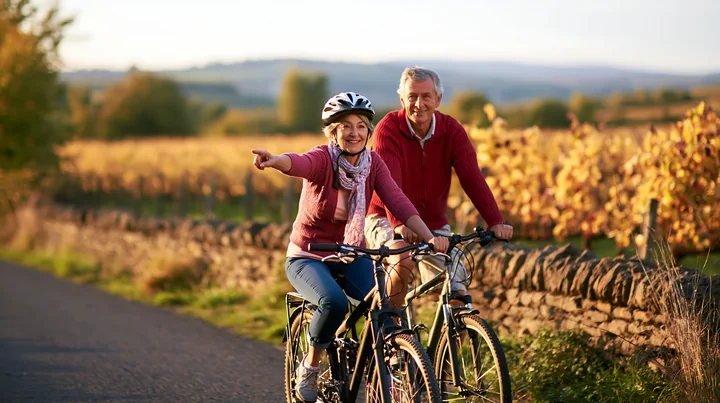 A senior couple cycles through a vineyard landscape, enjoying the day.