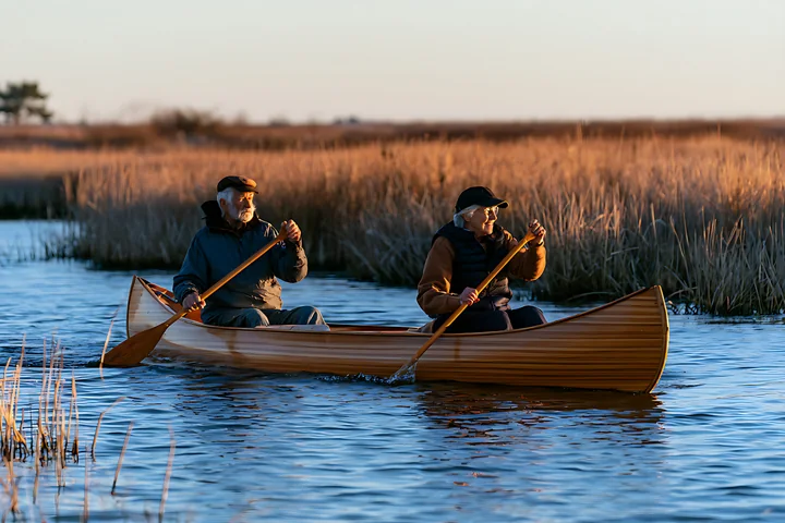 A senior couple is paddling a canoe through wetlands with tall grass.