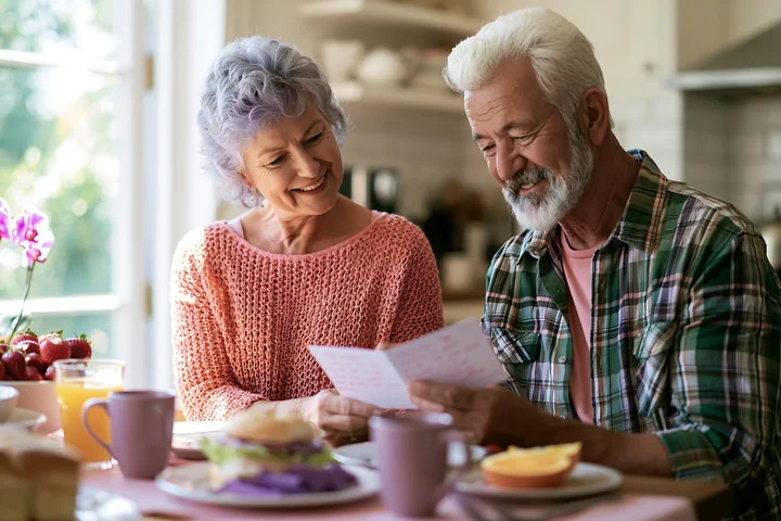 A senior couple sits at a dining table in their kitchen, sharing a meal while reading an anniversary card together.