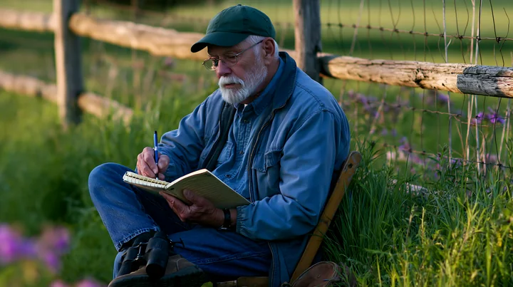 A senior person sits on a chair beside a wooden fence writing in a notebook.