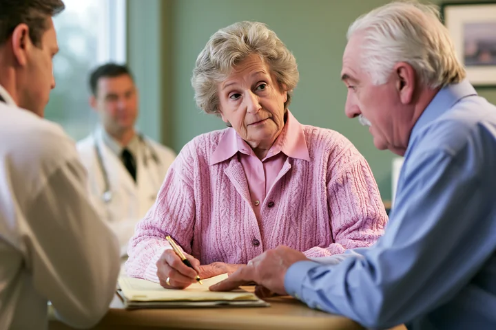 A senior with dementia attends a medical appointment, seated with two caregivers discussing her care plan.