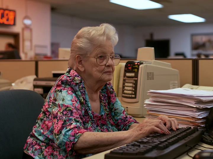A senior woman types on a computer keyboard with shaky hands in an office setting.