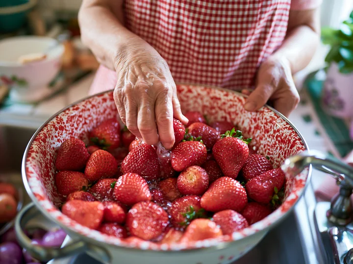 A senior woman with dementia preparing simple food by washing fresh strawberries in a bowl.