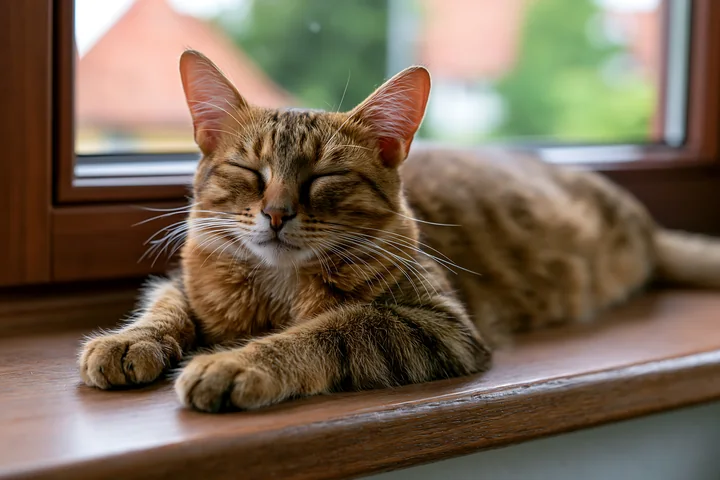 A Serengeti cat is resting on a wooden windowsill, eyes closed, enjoying the sunlight.