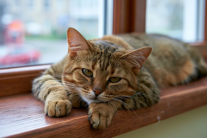 A Serengeti cat lies on a wooden windowsill, looking out as soft light fills the room.