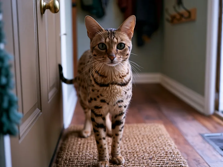A Serengeti cat stands in a hallway near a door mat.