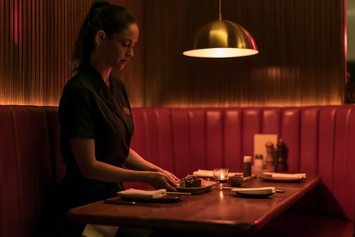 A server places sushi on a table for guests in a cozy restaurant under warm lighting.