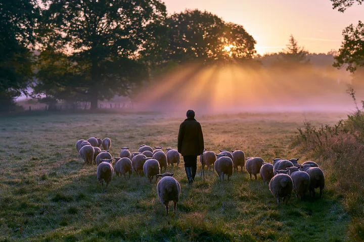 A shepherd guides a flock of sheep through a meadow as sunbeams over a misty meadow break through the trees at dawn.