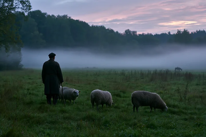 A shepherd stands in a meadow at dawn as fog drifts across the grass, while a few sheep graze nearby.