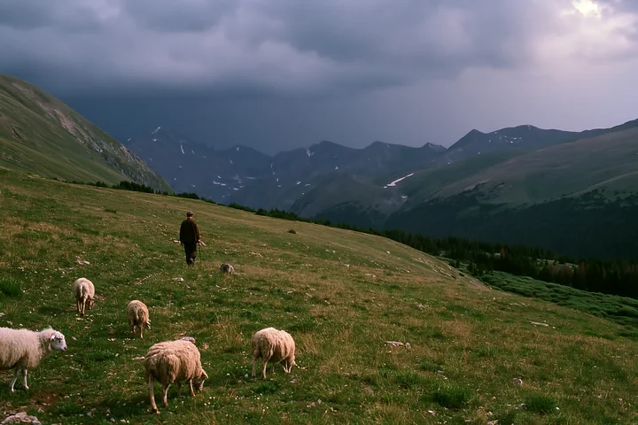 A shepherd walks through a grassy field as dark thunderstorm clouds gather over a mountain range in the background.