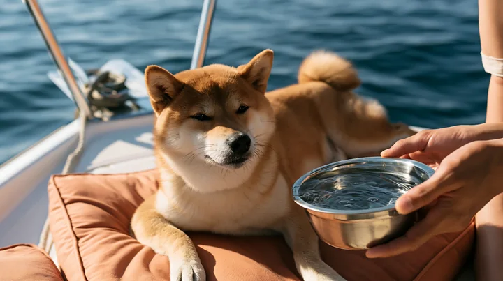 A shiba inu is resting on a cushion on a yacht while a person holds a metal bowl of water.