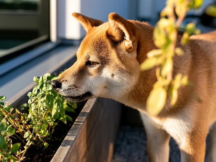 A Shiba Inu is sniffing the leaves of plants in a rooftop garden.