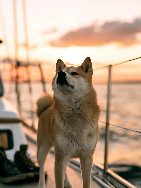 A shiba inu is standing on the deck of a yacht while the sun sets over the water.