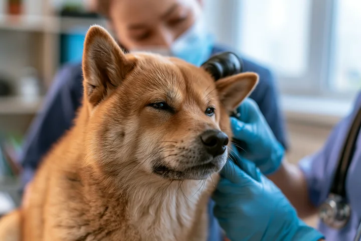 A Shiba Inu is undergoing a checkup at a veterinary clinic while a veterinarian examines its ear.