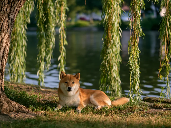 A Shiba Inu lies on the grass beside a lake, shaded by a willow tree.