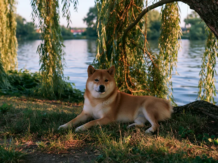 A Shiba Inu lies on the grass beside a lake, shaded by a willow tree.
