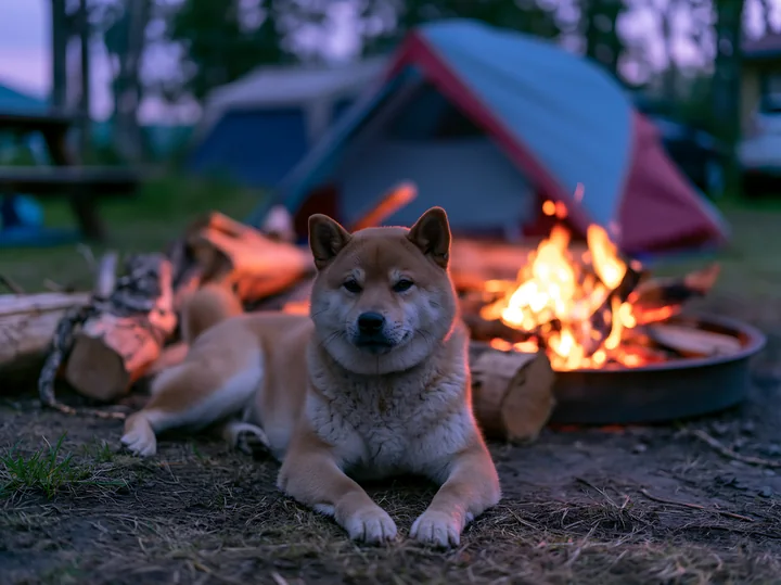 A Shiba Inu near a tent lies comfortably by a campfire in a forest setting during twilight.