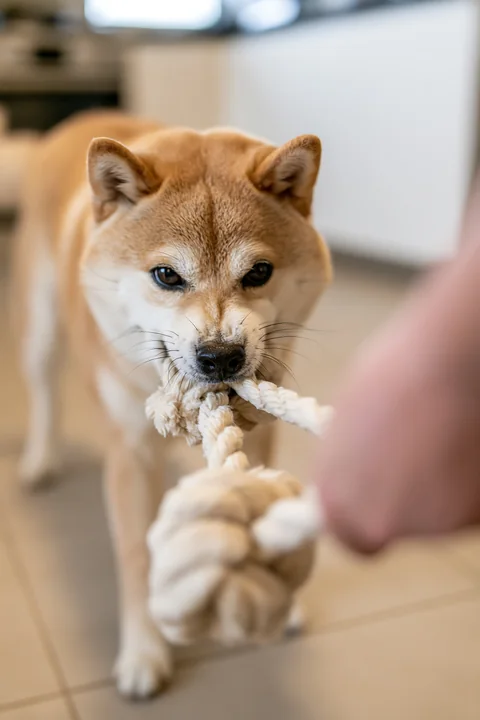 A shiba inu pulls on a rope toy in a home setting while engaging in tug-of-war.