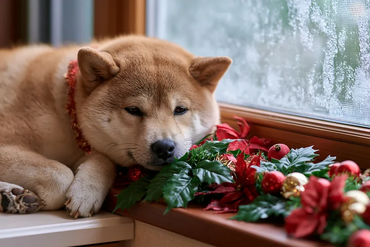 A Shiba Inu rests beside a Christmas garland on a counter, looking out a window.
