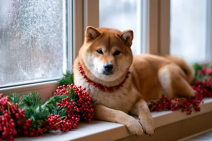 A Shiba Inu rests comfortably beside a Christmas garland on a counter near a window.