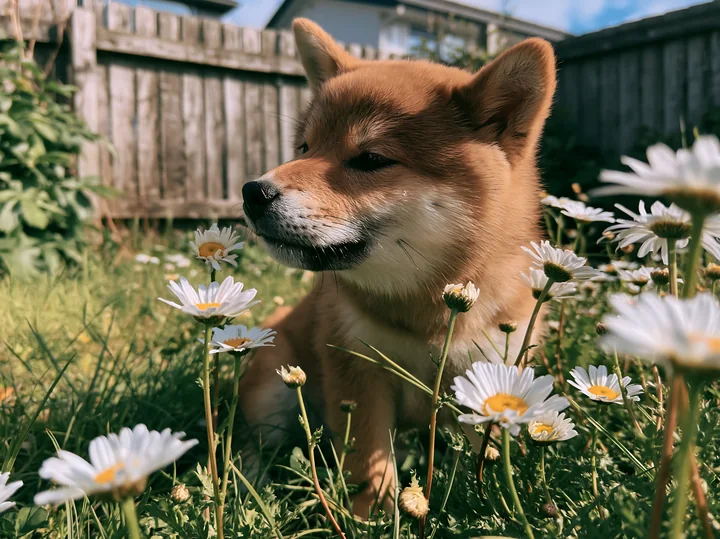 A Shiba Inu sits among wildflowers in a grassy area, surrounded by daisies.