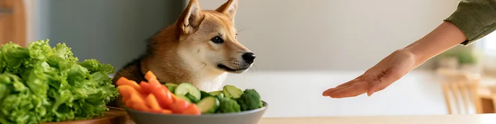 A shiba inu sits beside a bowl filled with fresh vegetables in a kitchen.