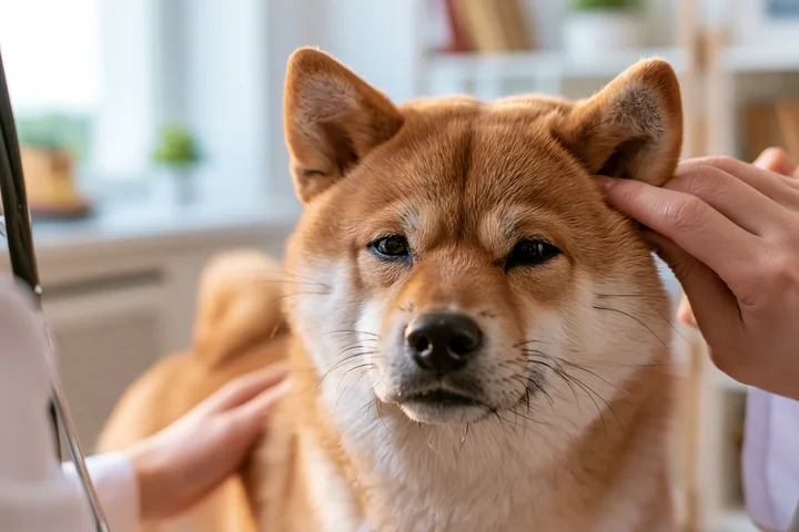 A Shiba Inu sits calmly at a veterinary clinic while receiving a health examination.