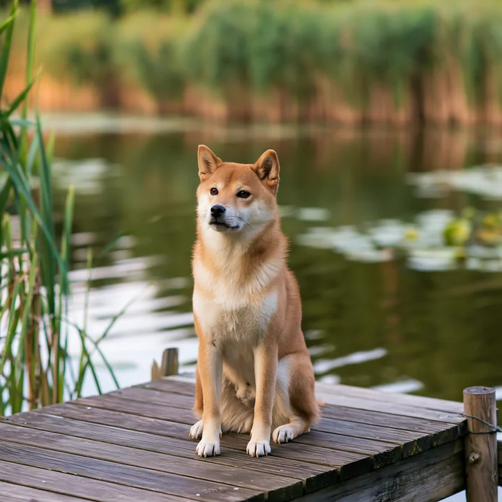 A shiba inu sits calmly on a wooden dock with still water in the background.