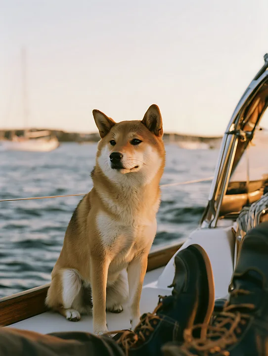 A shiba inu sits on the deck of a yacht while the sun sets over the water.
