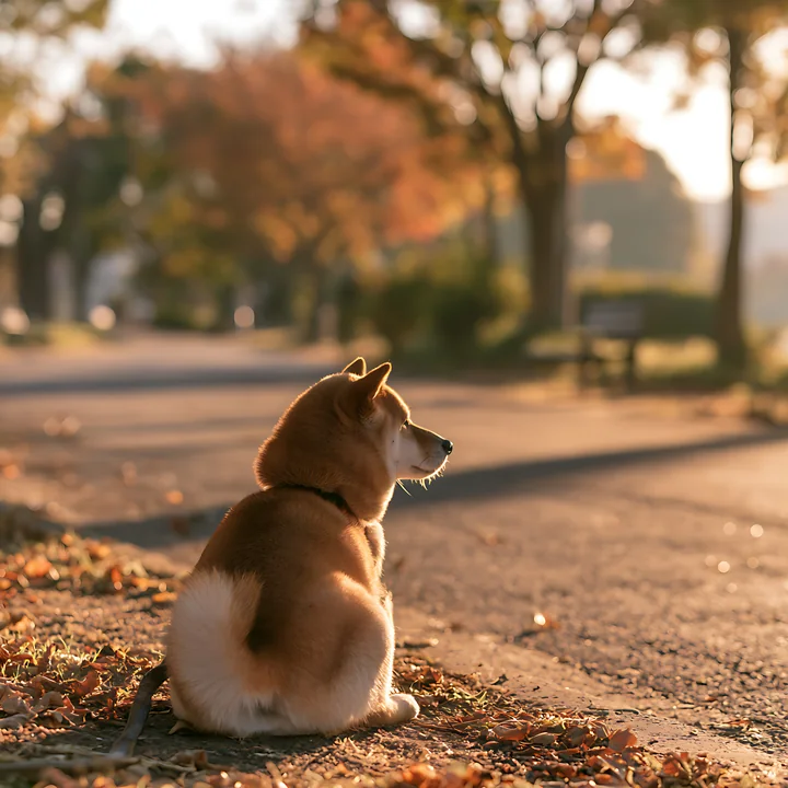 A Shiba Inu sits on the ground facing the sunrise in a quiet park with trees and fallen leaves.