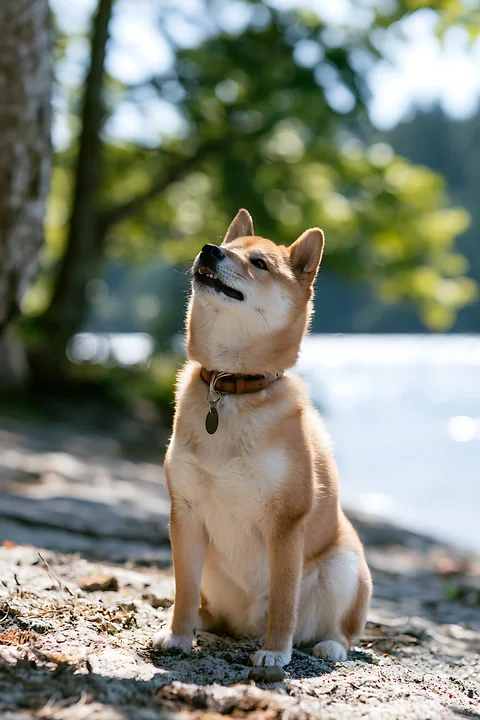 A Shiba Inu sits on the sandy shore, looking upward.