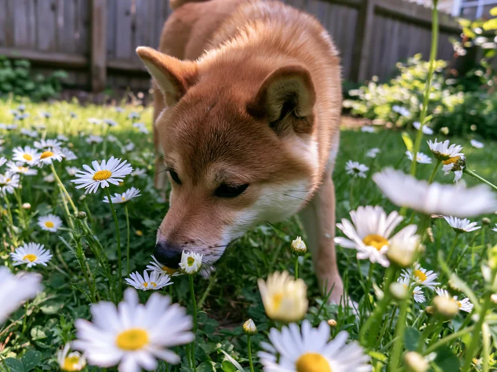 A Shiba Inu sniffs flowers in a field filled with wildflowers.