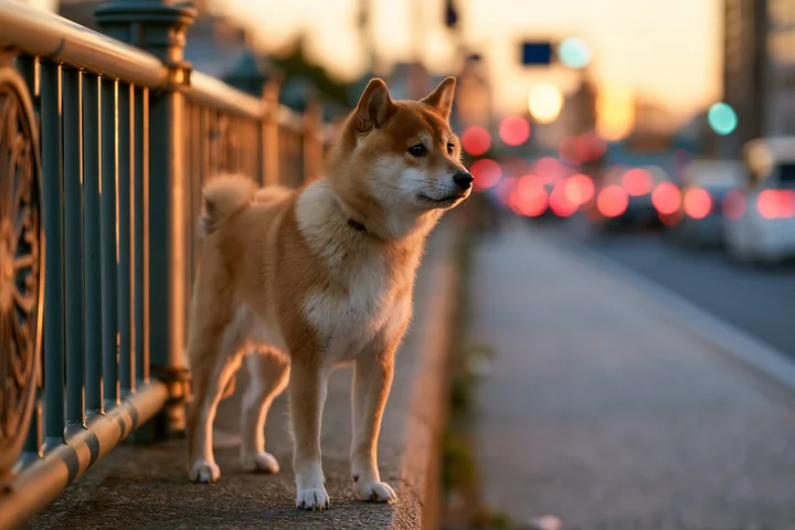 A Shiba Inu standing on a city sidewalk with traffic in the background at sunset.