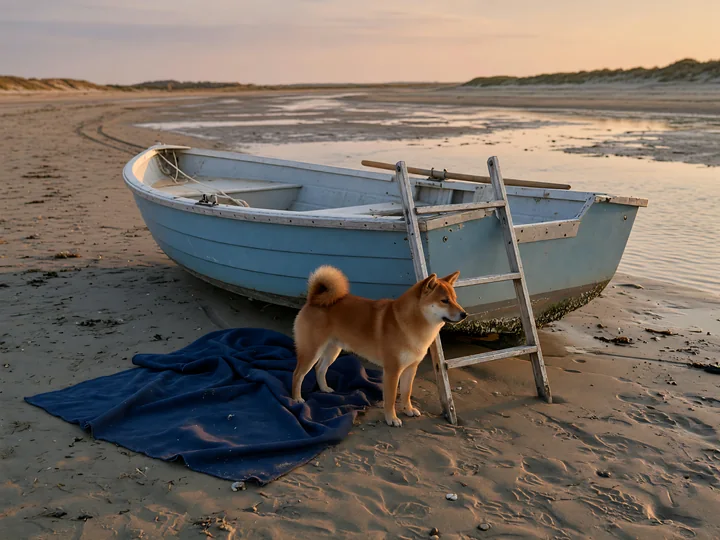 A shiba inu stands beside a boat ladder on the wet sand at low tide.