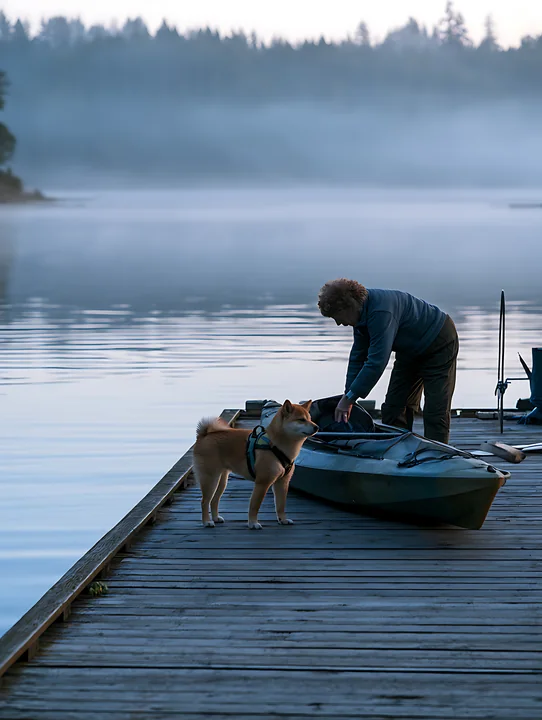 A shiba inu stands beside a kayak on a wooden launch dock while a person prepares the kayak.