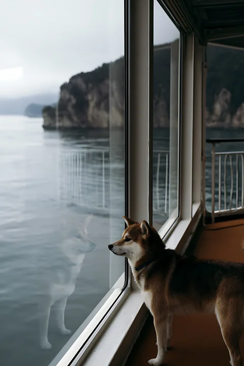 A shiba inu stands on a ferry observation deck, gazing out at the calm water and cliffs.