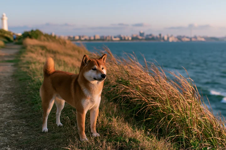 A Shiba Inu stands on a grassy path, gazing out towards a city skyline along the coast.