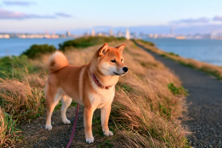 A Shiba Inu stands on a path overlooking a city skyline at sunset.