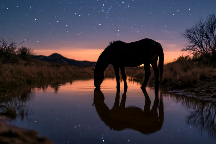 A silhouette of a horse bends down to drink from a calm water source while stars shine above in the night sky.