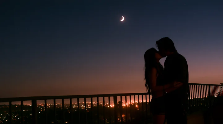 A silhouette of couple kissing under moon and stars captures a romantic moment at dusk.