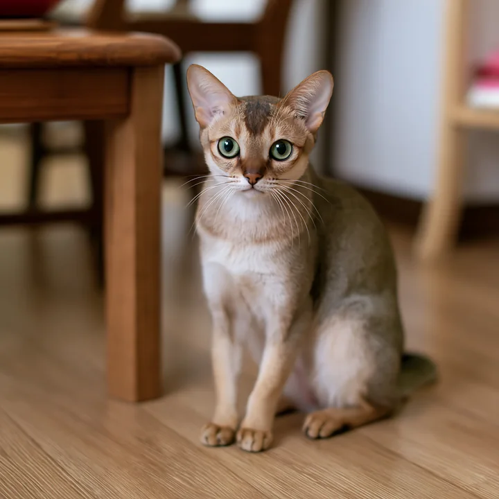A Singapura cat is sitting on a wooden floor inside a home, featuring simple furniture in the background.