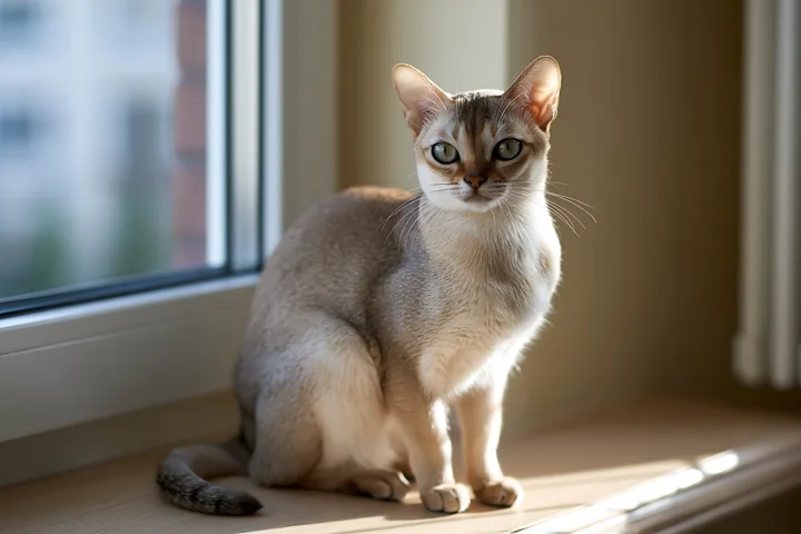A Singapura cat sits gracefully on a windowsill, basking in soft natural light.