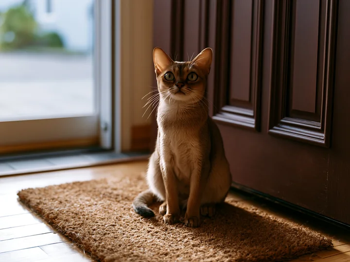 A Singapura cat sits on a welcome mat by the front door, looking towards the camera.